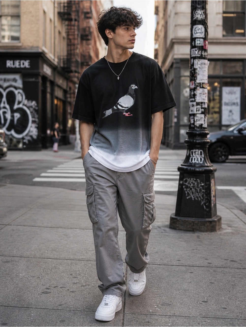 Staple Men’s Pigeon Dip Dye T-Shirt Short Sleeve Black Gray White Size L